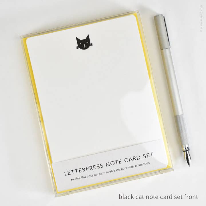 Flat Note Card Set with Black Cat (#502) for wholesale by Inkello Letterpress