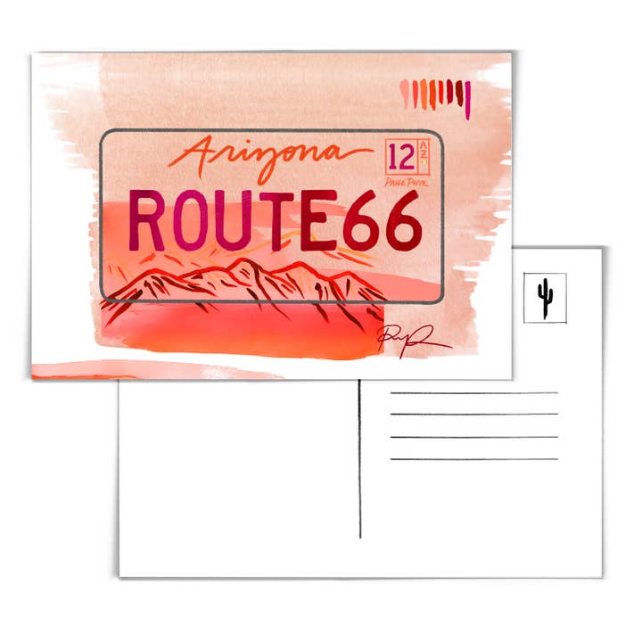 „Route 66" Arizona kentekenplaat ansichtkaart voor wholesale door Paige Poppe Art
