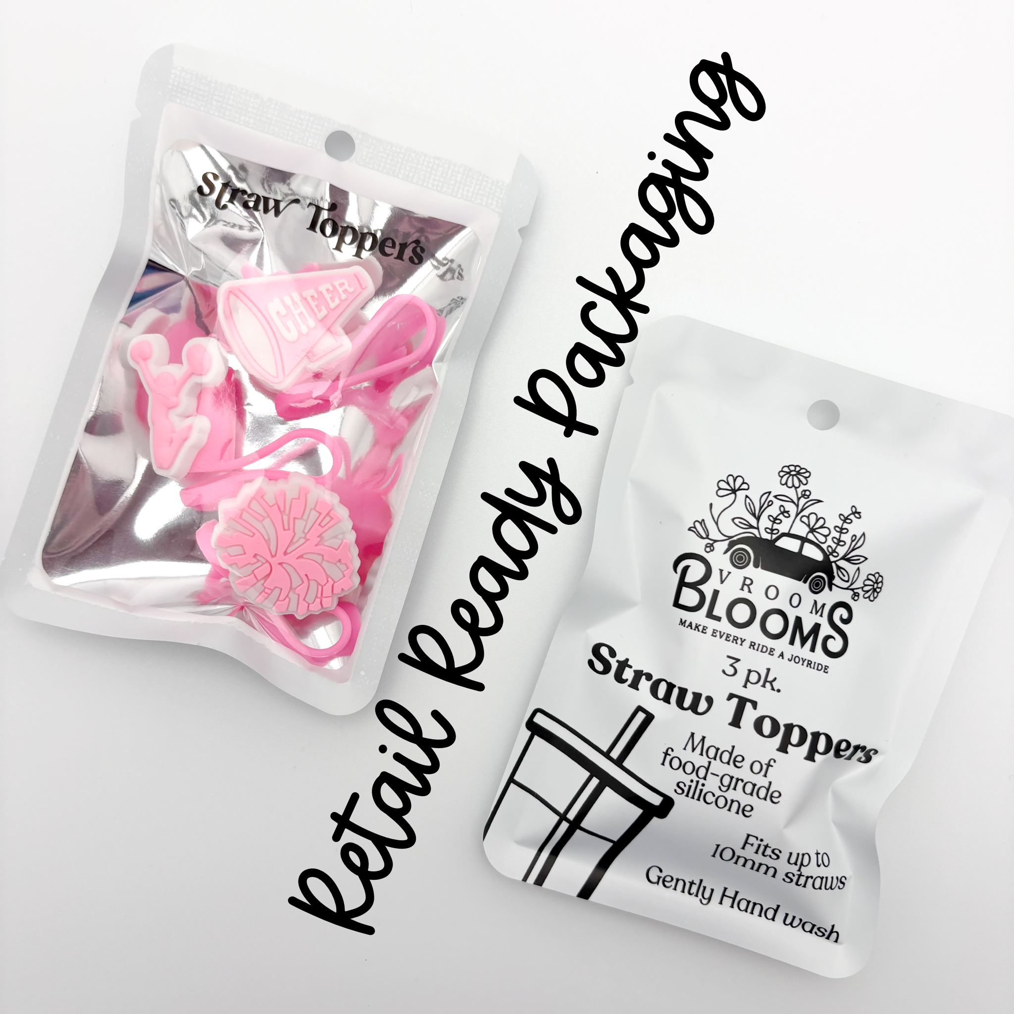 Vroom Blooms - Wholesale Drinking Straw - Straw Topper 3 pack - Pink Cheer, Pom Pom, Cheerleader Jump 2