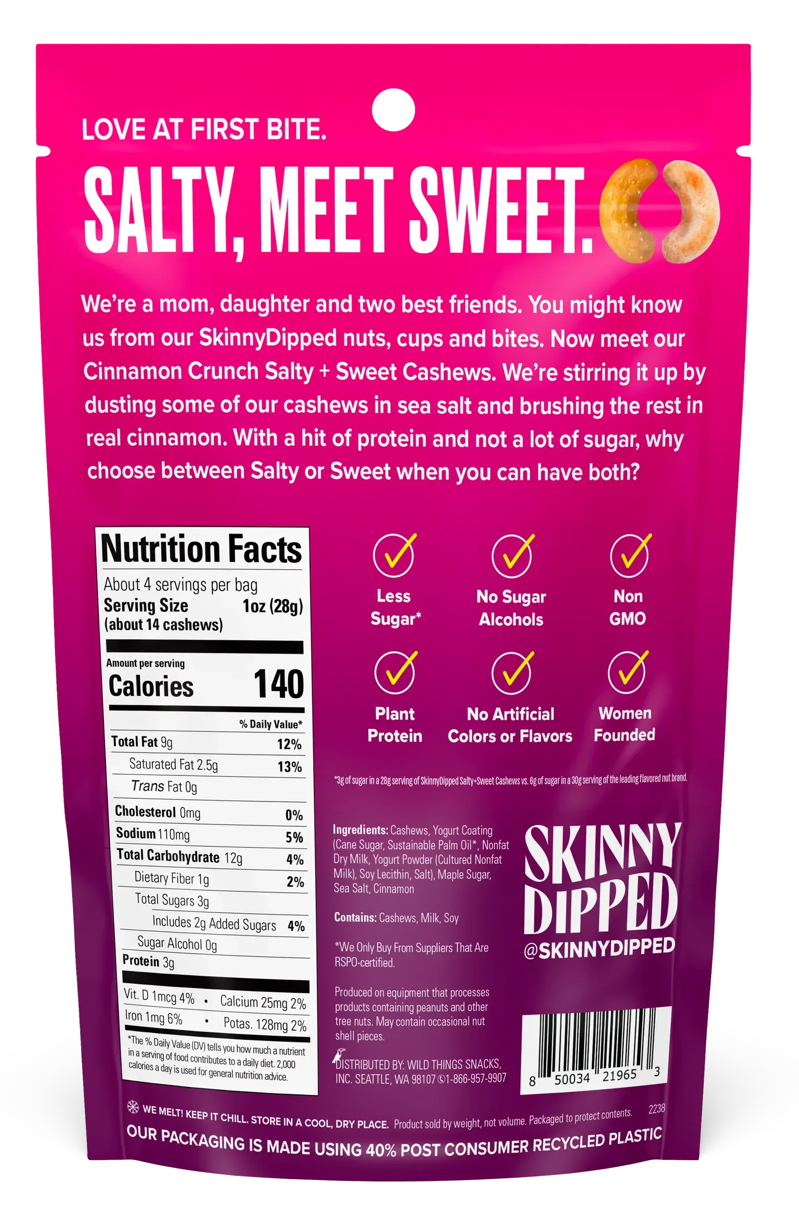 SkinnyDipped - Wholesale Nuts - Salty & Sweet Cinnamon Crunch Cashews Pouch, 4oz1