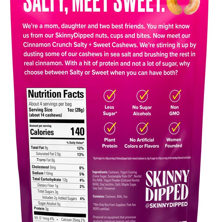 SkinnyDipped - Wholesale Nuts - Salty & Sweet Cinnamon Crunch Cashews Pouch, 4oz1