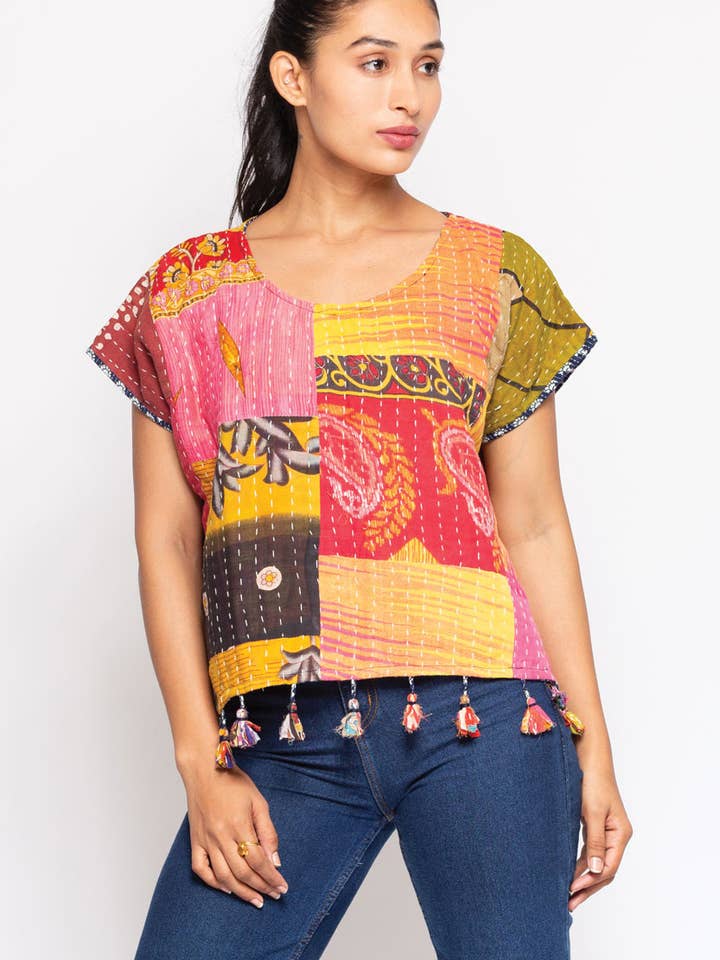 Sevya Handmade - Vente Chemisier – femme - Haut court en kantha de coton6