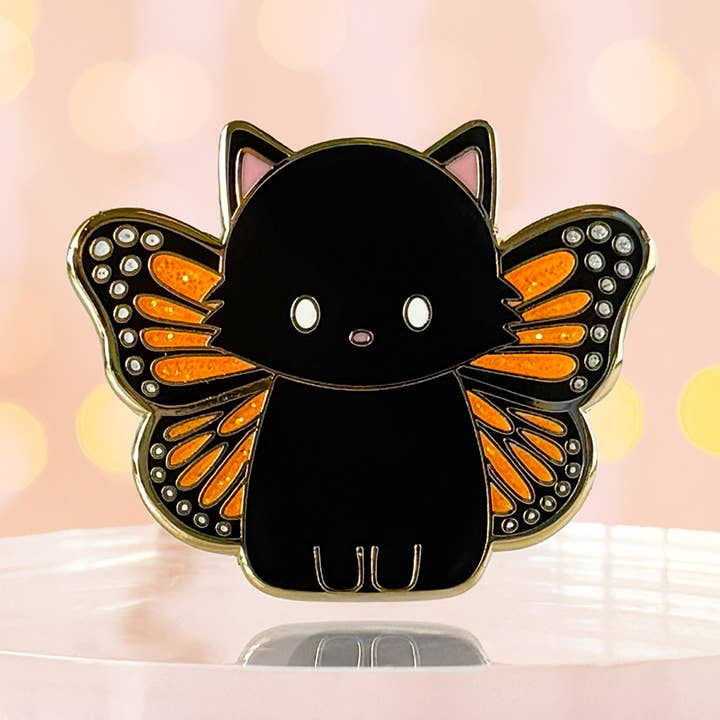 Monarch Butterfly Black Cat Glitter Charity Enamel Pin for wholesale by Meow Amor Creative