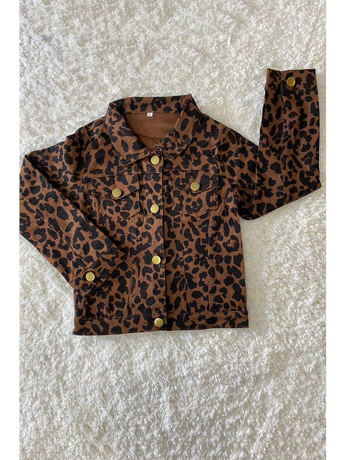 luluclothes - Wholesale Denim Jacket - Kids - Kids Brown leopard printed long sleeve denim jacket DLH25831