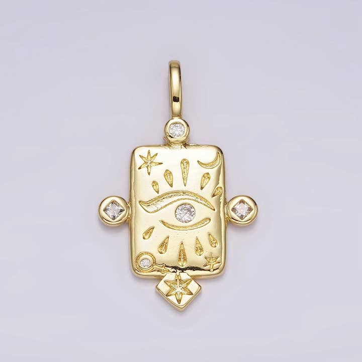 14K Guld Fylld Onda Ögat Celestial Stjärna Måne CZ Prickig Rektangulär Hänge | AH112 för wholesale av Aim Eternal