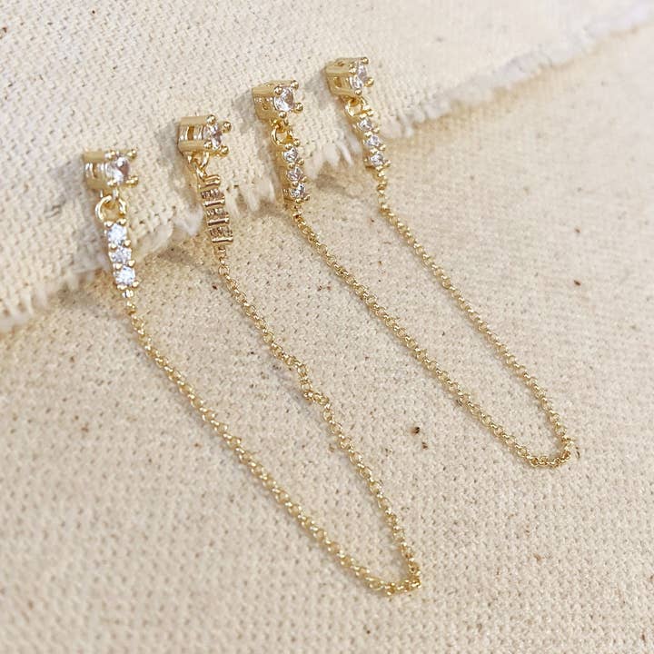 GoldFi - Wholesale Dangle Earrings - CZ Double Piercing Earrings Connected by Chain0