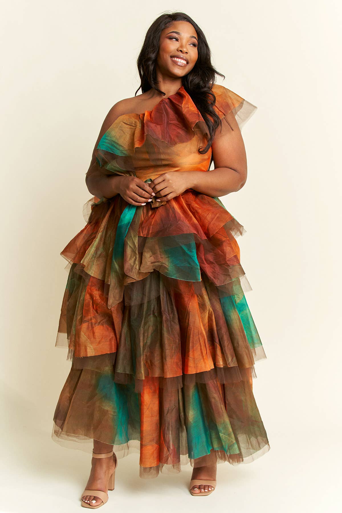 Namatt Design - Wholesale Top & Skirt Set - Women's - Plus One-Shoulder Ruffle Top & Maxi Ruffle Skirt Set3