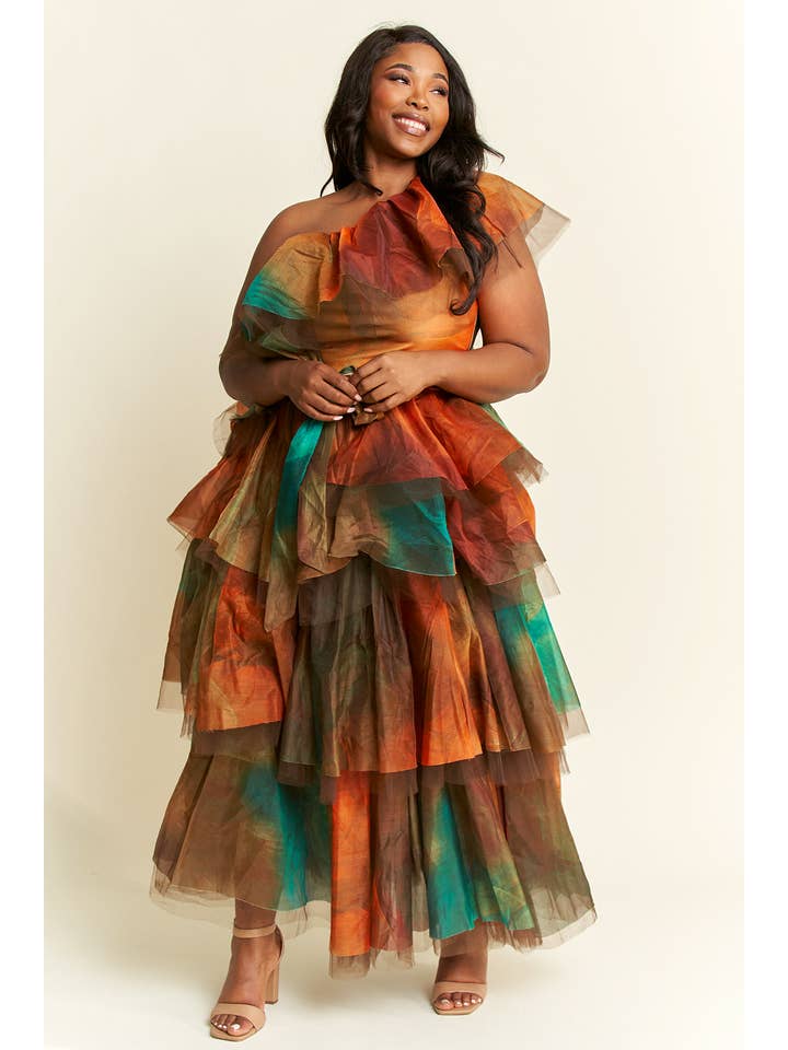 Namatt Design - Wholesale Top & Skirt Set - Women's - Plus One-Shoulder Ruffle Top & Maxi Ruffle Skirt Set3