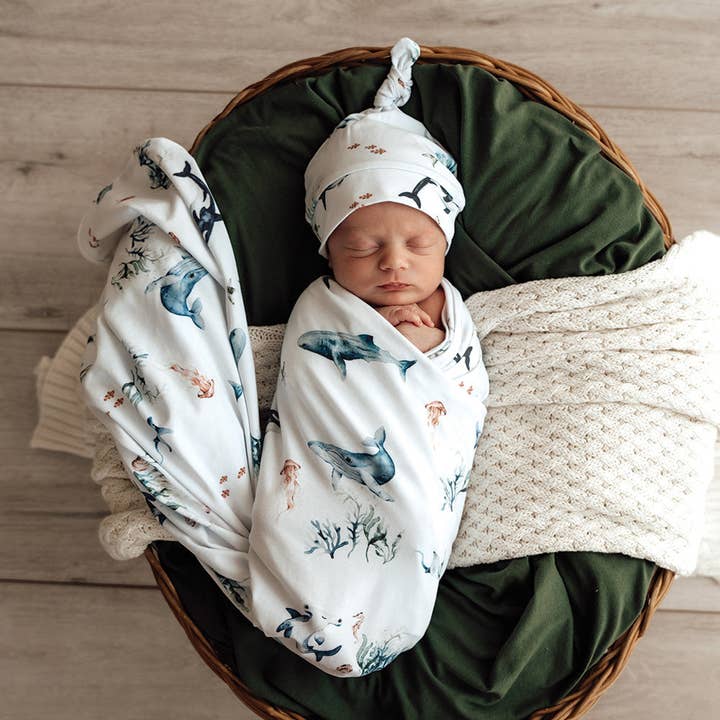 Ocean Organic Jersey Wrap & Beanie Set for wholesale by Snuggle Hunny