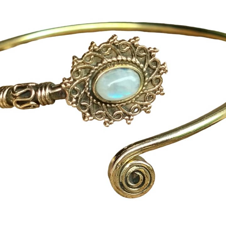 Rainbow Moonstone Spiral Flower Arm Cuff Brass Bangle for wholesale by SILVER CAVE