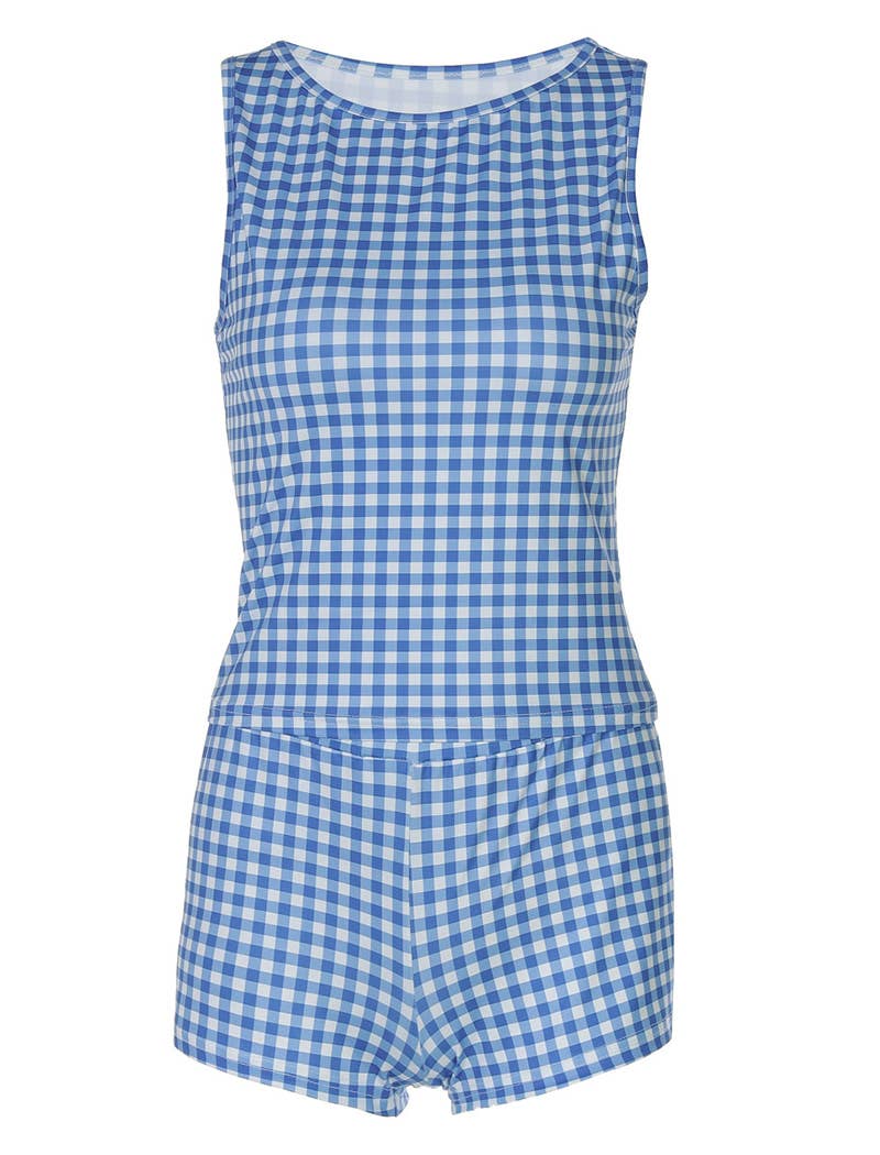 BLUE Gingham Check Sleeveless Top and Shorts Set for wholesale on Faire7