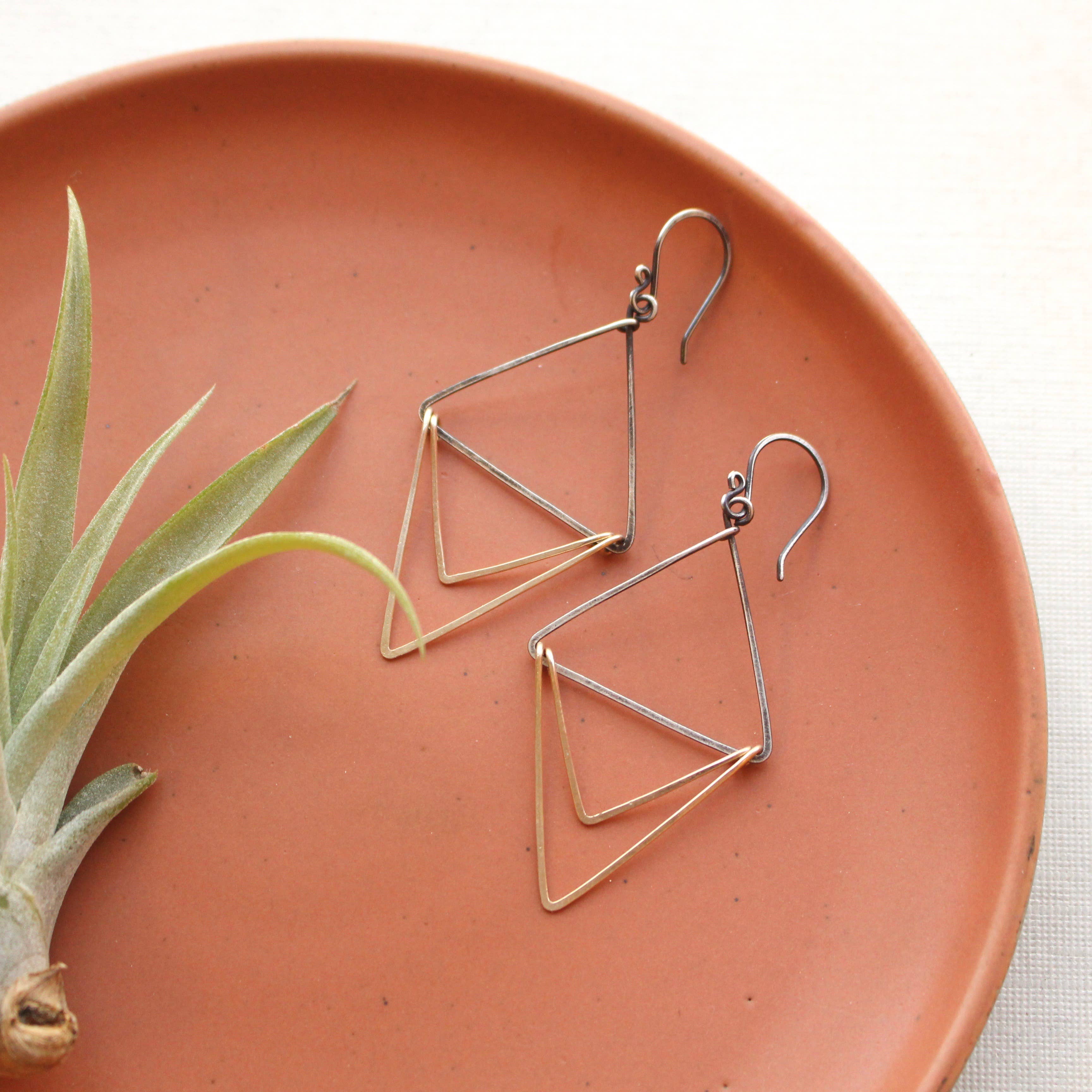Sarah DeAngelo - Wholesale Dangle Earrings - Mixed Metal Triple Triangle Hoop Earrings, Unique Hoops1