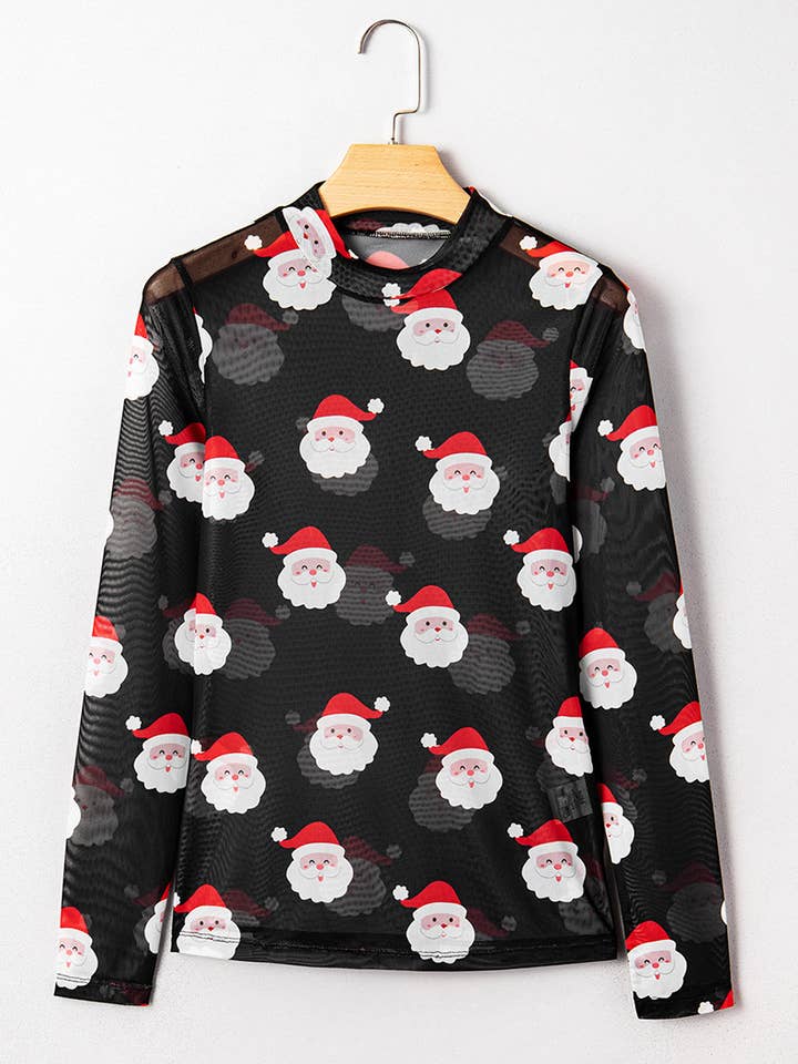 Trendy Christmas Santa Claus Print Sheer Mesh Shirt for wholesale on Faire