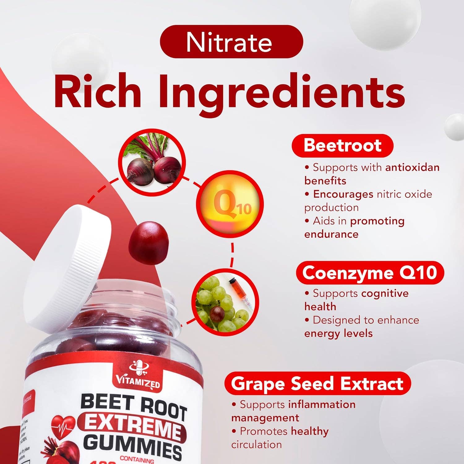Vitamize inc - Vente Supplément oral/vitamine - Formule extrême Betterave & CoQ10 100 mg avec extrait de pépins de raisin - Gummies1