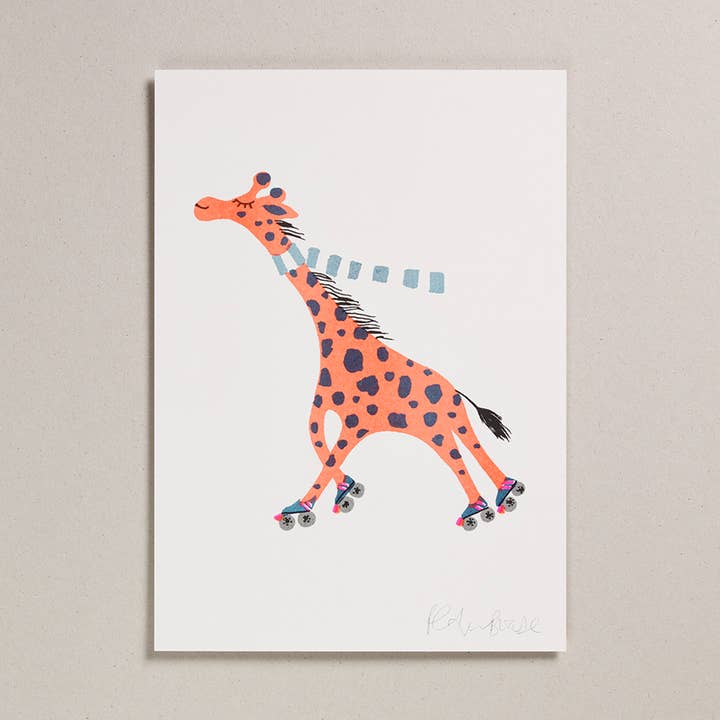 Risograph A4 Print - Giraffe on Skates for wholesale by Petra Boase Ltd (US Duties Paid)