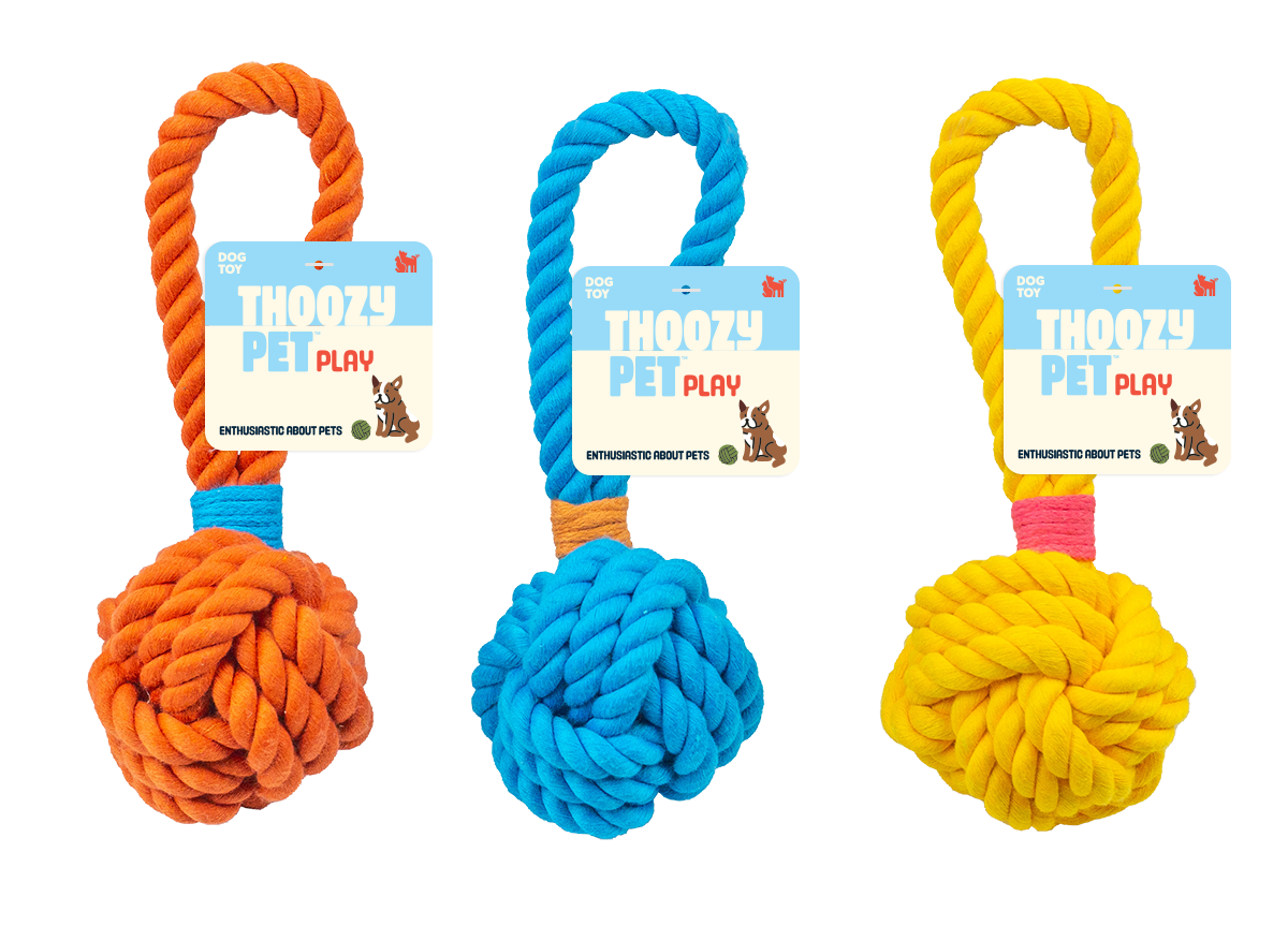 Pet Palette Distribution - Wholesale Pet Rope Toy - Dog - ThoozyPet Ball Tug Rope Dog Toy with Handle Yellow 3"4