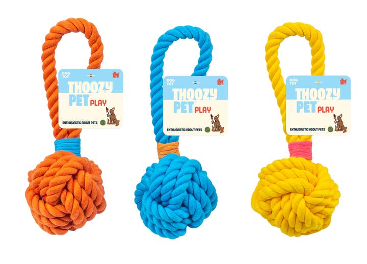 Pet Palette Distribution - Wholesale Pet Rope Toy - Dog - ThoozyPet Ball Tug Rope Dog Toy with Handle Yellow 3"4