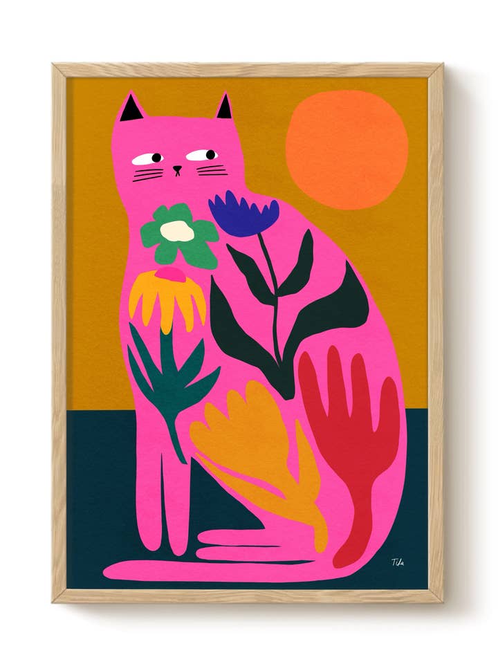 Floral Cat Art Print - Wall Decor, Colourful Illustrations for wholesale by The Paper Tail