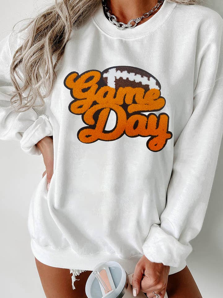 White Chenille Game Day Rugby Football Pattern Pullover Sweatshirt for wholesale by Lovesoft