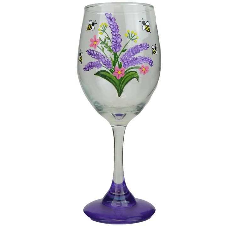 Lavender Honey Bee Hand-Painted Stemware Wine Glass Disc. for wholesale by Classy Art Designs, LLC
