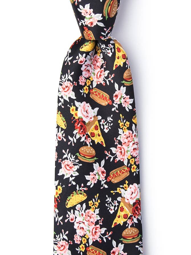 Fastfood Floral Extra lange stropdas - Zwart microvezel voor wholesale door Wild Ties