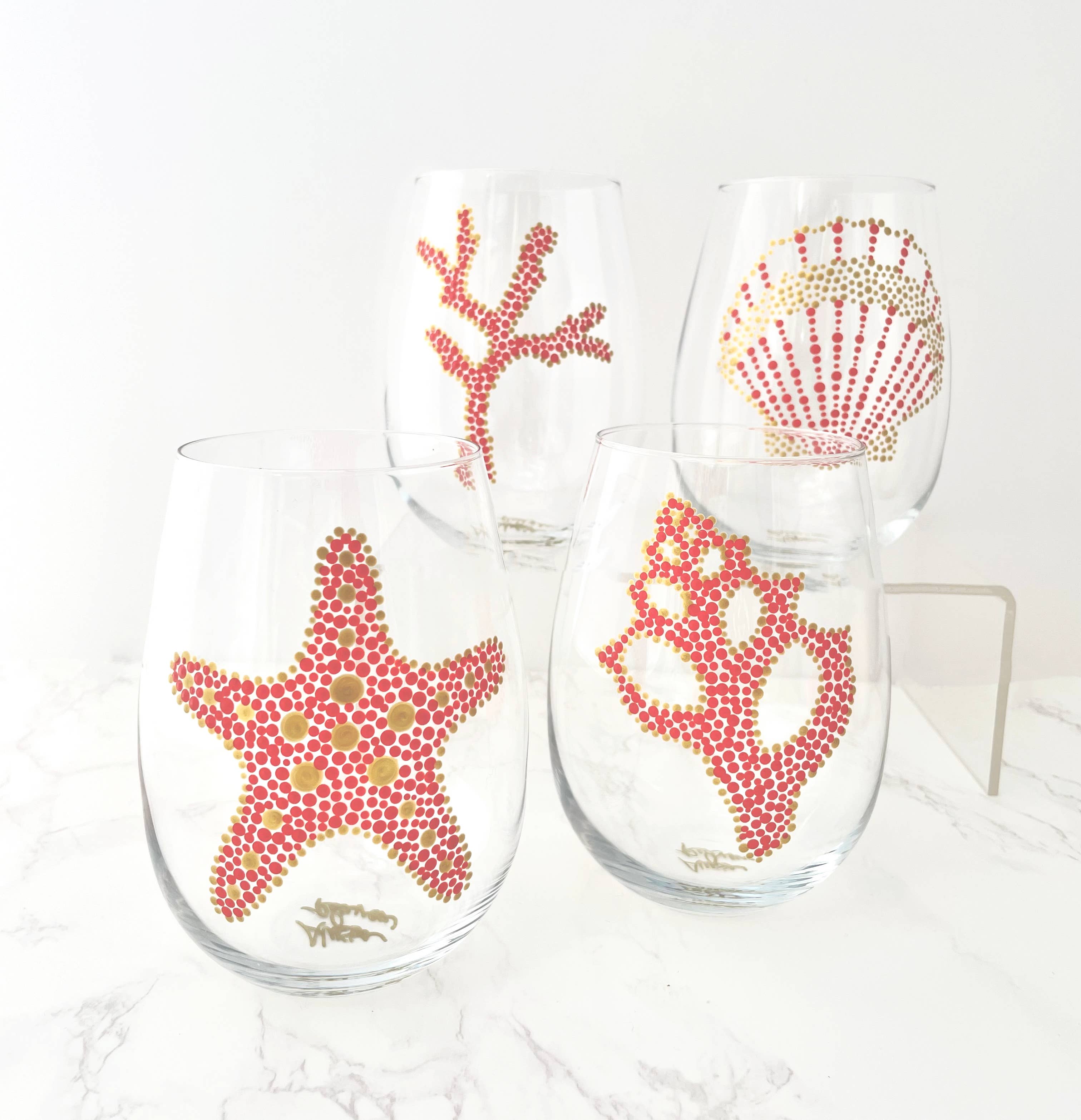 Orange Coral Gold Hand Painted Sea Motif Stemless Wine Glasses S/4, Coral/Gold for wholesale on Faire1
