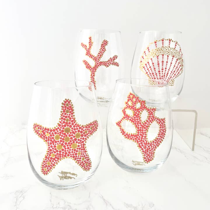 Orange Coral Gold Hand Painted Sea Motif Stemless Wine Glasses S/4, Coral/Gold for wholesale on Faire1