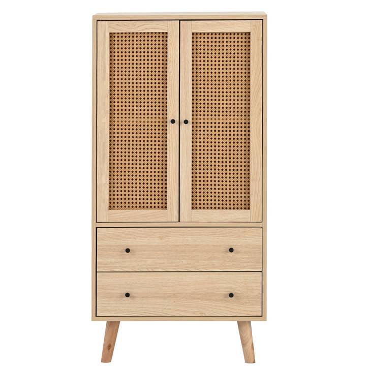 Urban Meuble - Wholesale Cabinet - Wood-effect sideboard with rattan doors and 2 drawers, solid wood legs FENMUCK13