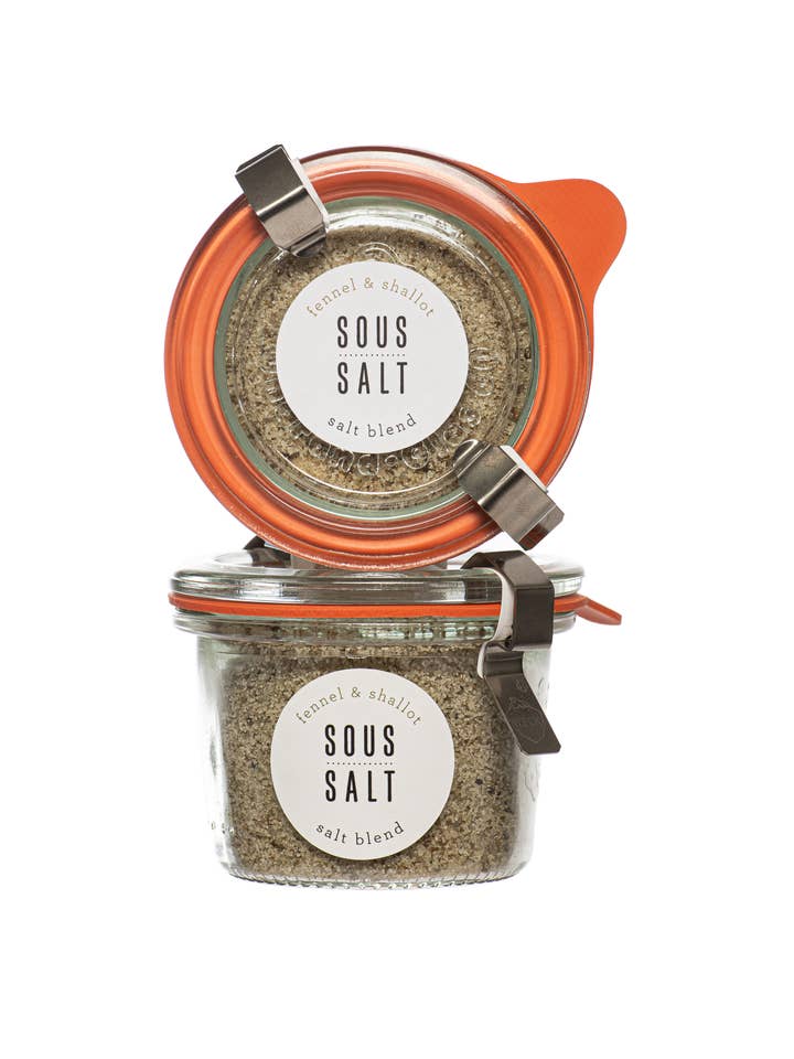 Grey Salt Fennel and Shallot Glass Jar for wholesale by Sous Salt