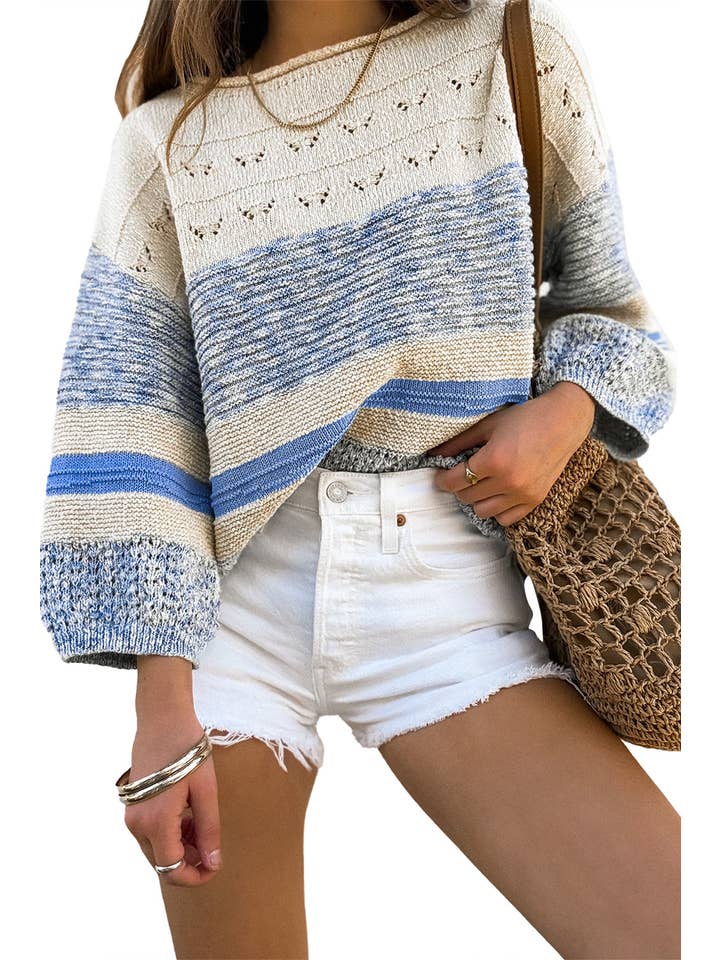 Light Blue Stripe 3/4 Puff Sleeve Sweater for wholesale on Faire