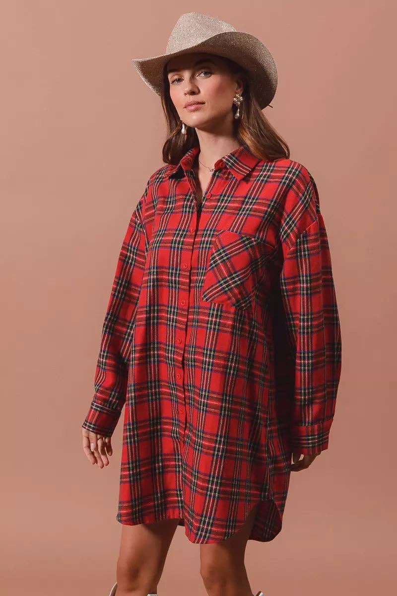 RED MULTI SO ME Christmas Checker Plaid Button Up Shirt Dress for wholesale on Faire5