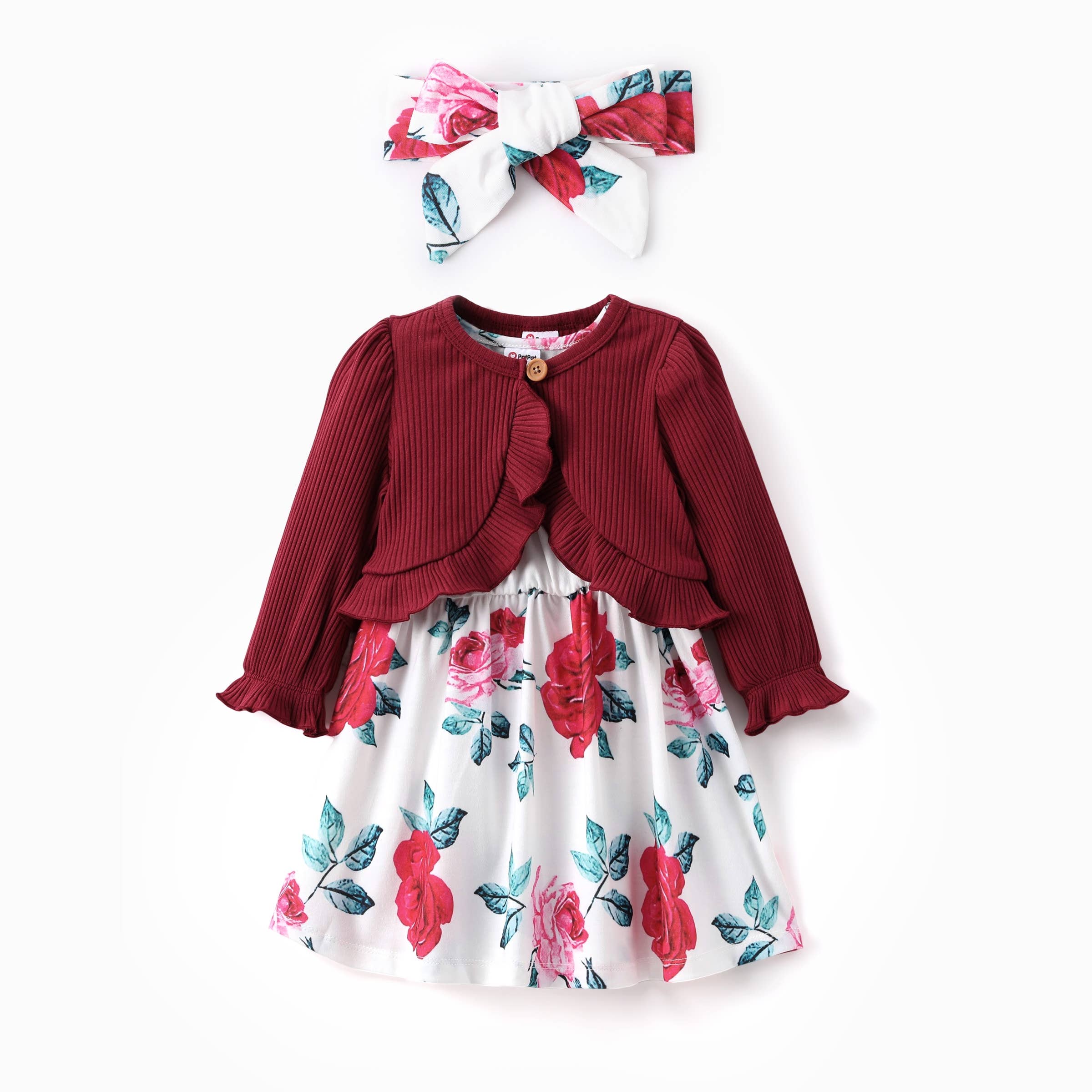 PatPat - Wholesale Jurk - Kinderen - 93% Katoenen Baby Meisjes Bloemenjurk met Vest & Haarband5