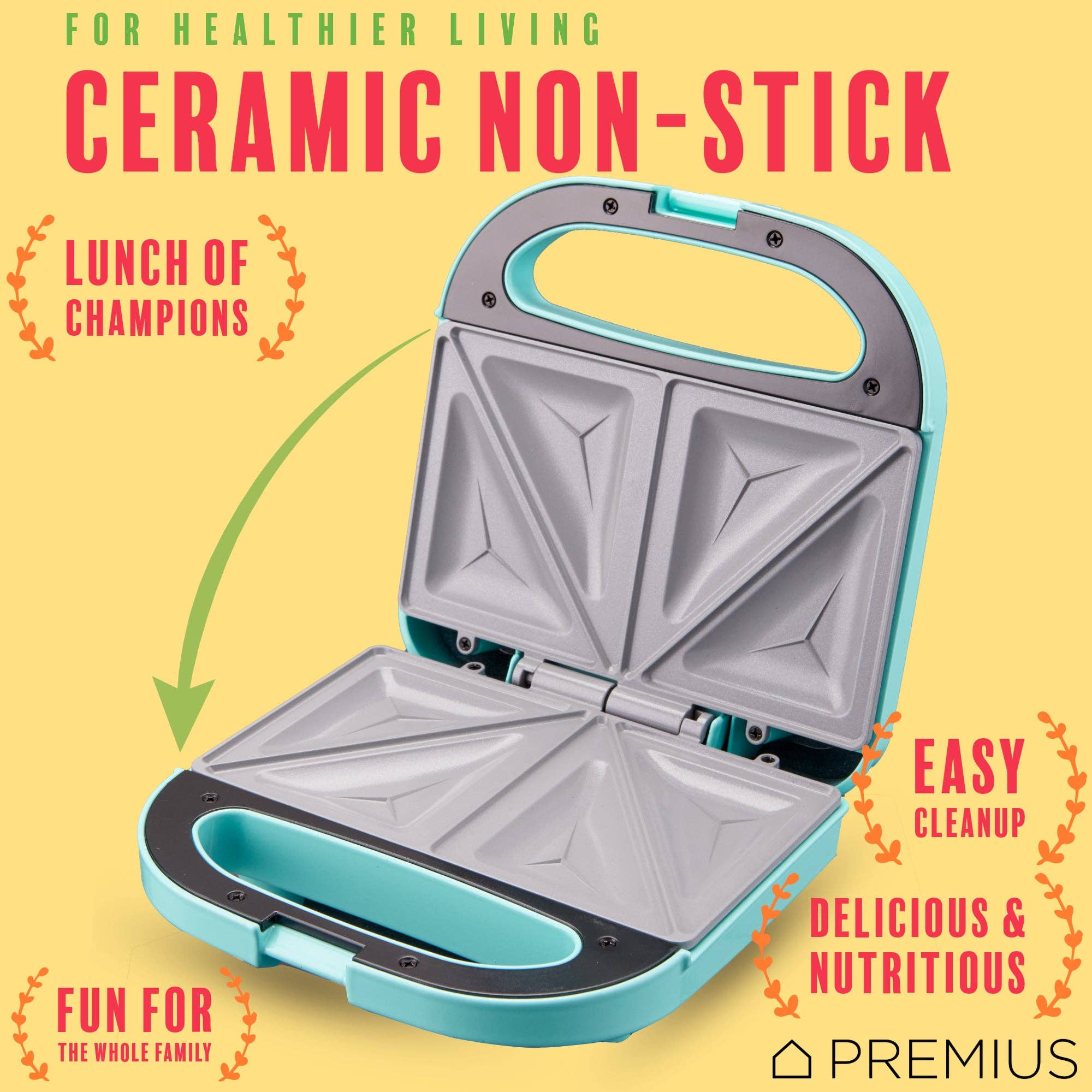 ShopBobbys - Wholesale Kitchen Appliance - PREMIUS Ceramic Non-Stick Double Slice Sandwich Maker, 8.25x4.75 Inch Mold9