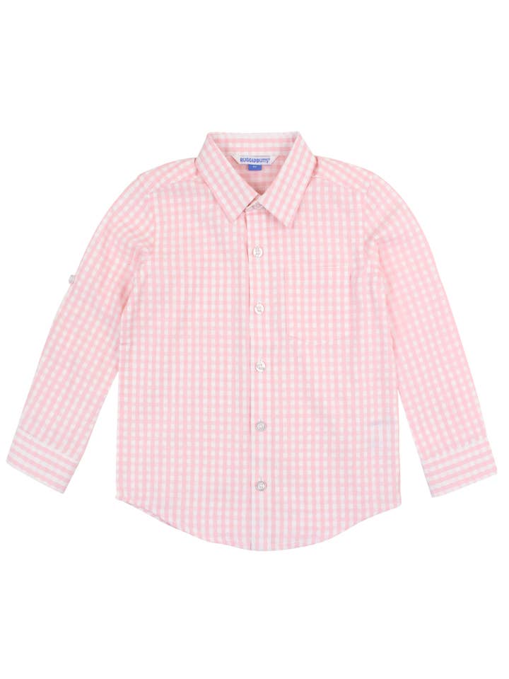 Boys Pink Gingham Check Long Sleeve Button Down Shirt for wholesale on Faire0
