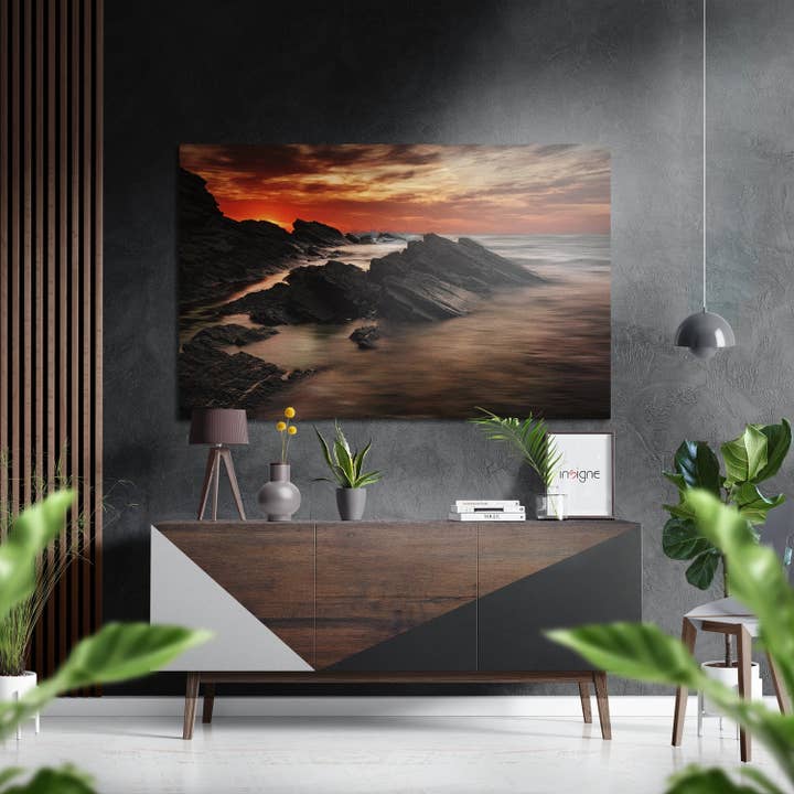 Art mural en aluminium brossé Dibond avec coucher de soleil et montagnes pour la vente par Insigne