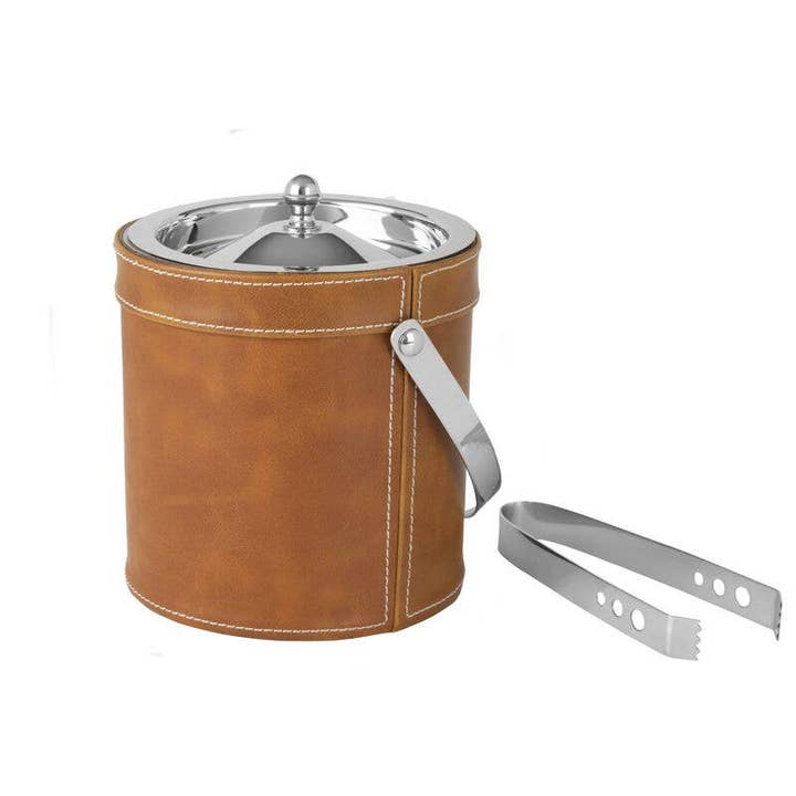 Lifetime Brands Silverwarehouse – wholesale Ice bucket – Leather Stitched Ice Bucket with Tongs