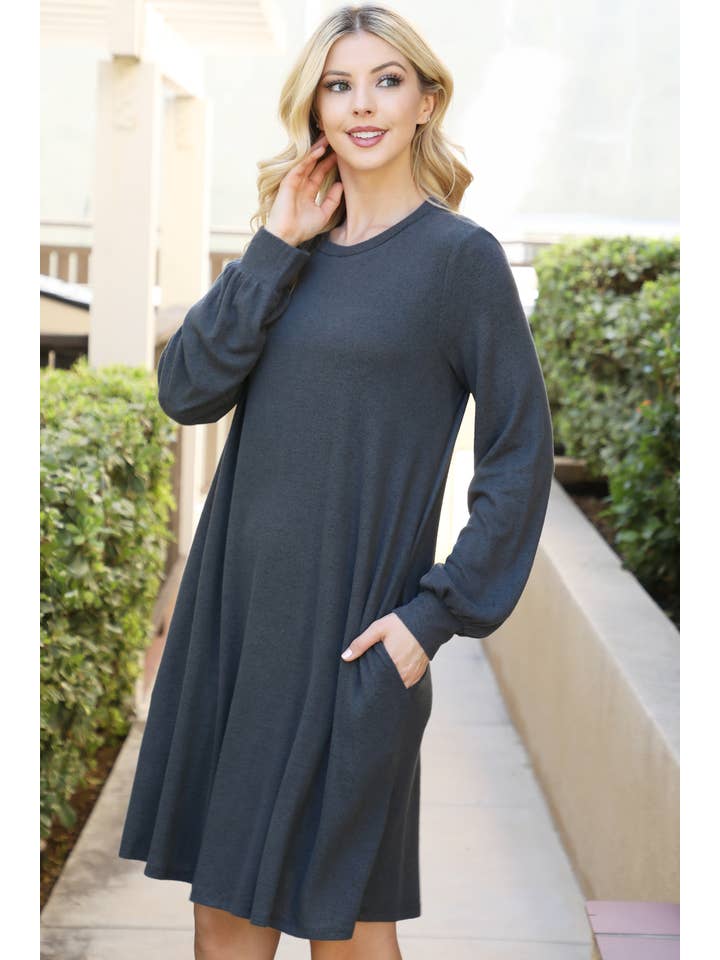 You & Me - Wholesale Dress - Women's - YMD10063V-PUFF LONG SLEEVE HACCI BRUSHED DRESS9