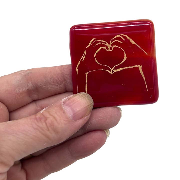 Heart hands Fused Glass 1.75" Magnet for wholesale by Kiku Handmade | Contemporary Fused Glass Home Goods