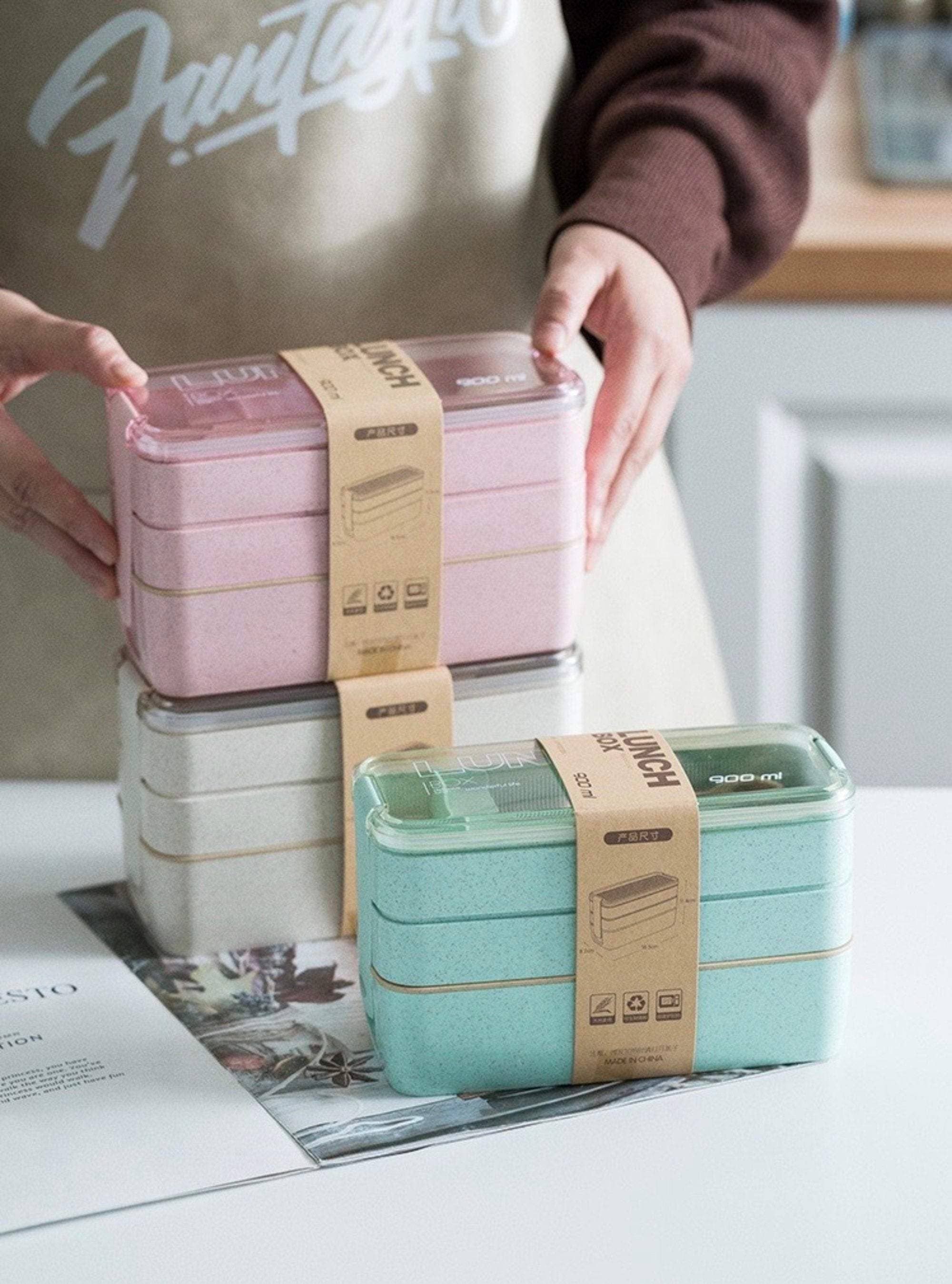 Homerely (We Cover All Import Duties) - Wholesale Lunch Bag/Box - 3 Layer Wheat Straw Bento Boxes With Spoon & Fork2