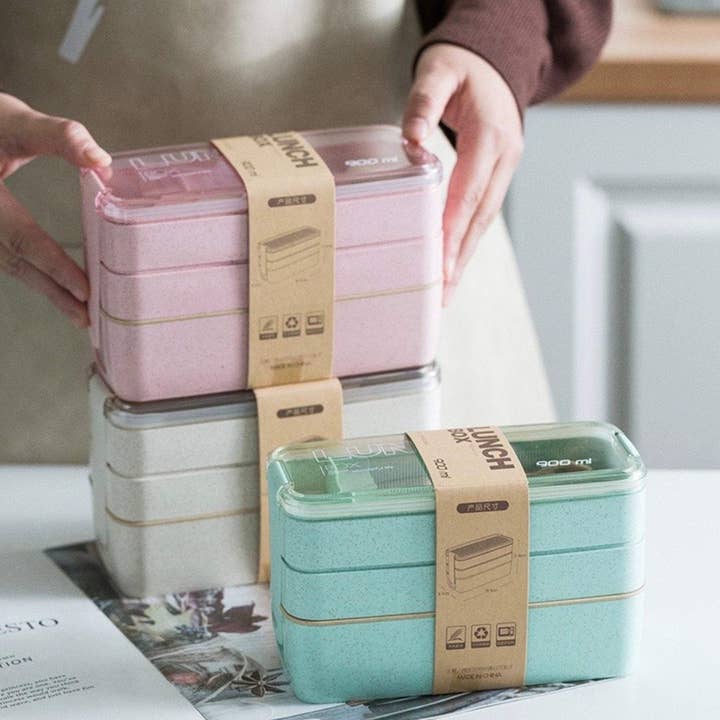 Homerely (We Cover All Import Duties) - Vendita all'ingrosso Cestino/borsa pranzo - Contenitori Bento Ecologici a 3 Strati in Paglia di Grano con Cucchiaio e Forchetta2