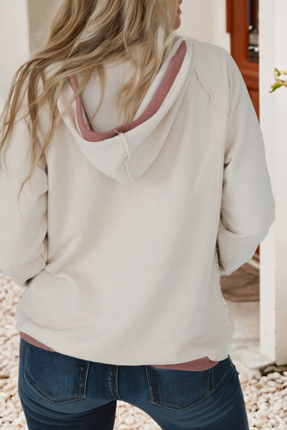 White  LDC Trim Crochet Knit Patchwork Exposed Seam Hoodie for wholesale on Faire2