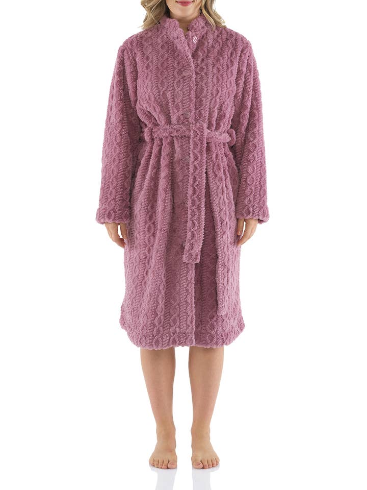 Mauve Button Up Fleece Dressing Gown for wholesale by Magnolia Lounge