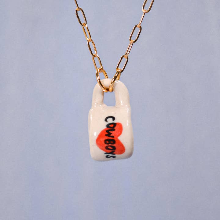 Cowboy Miniature Mug Ceramic Charm Pendant Necklace for wholesale by Juice Ceramics Handmade Pottery and Jewelry