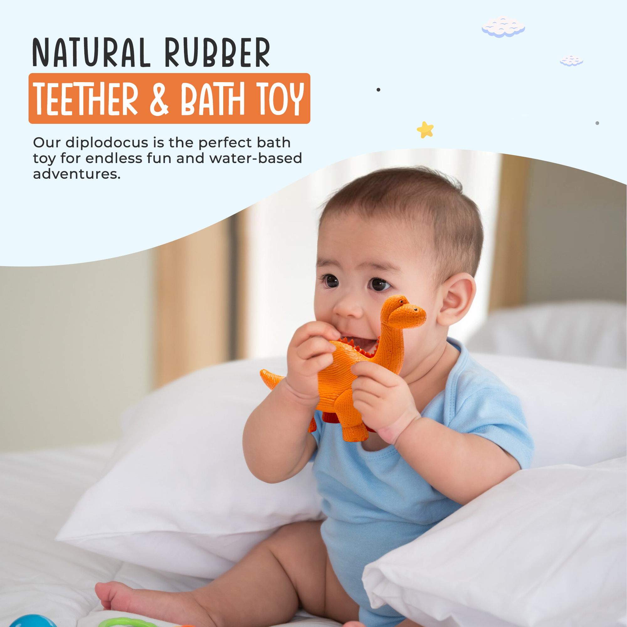 Best Years Ltd - Wholesale Bath Toy - Baby - Rubber Orange Diplodocus Dinosaur Toy, Bath Toy and Teether1