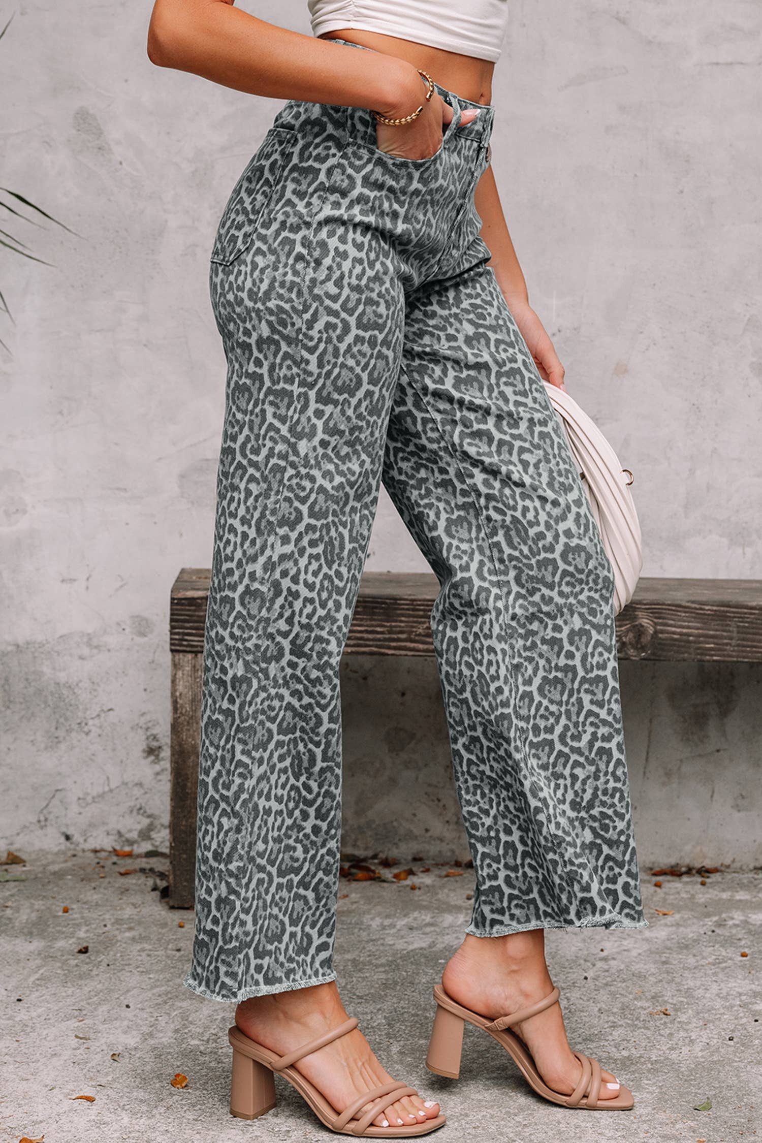 LA Society - Wholesale Jeans - Women's - LAS Leopard Frayed Edge Wide Leg High Waist Jeans (4-16)16