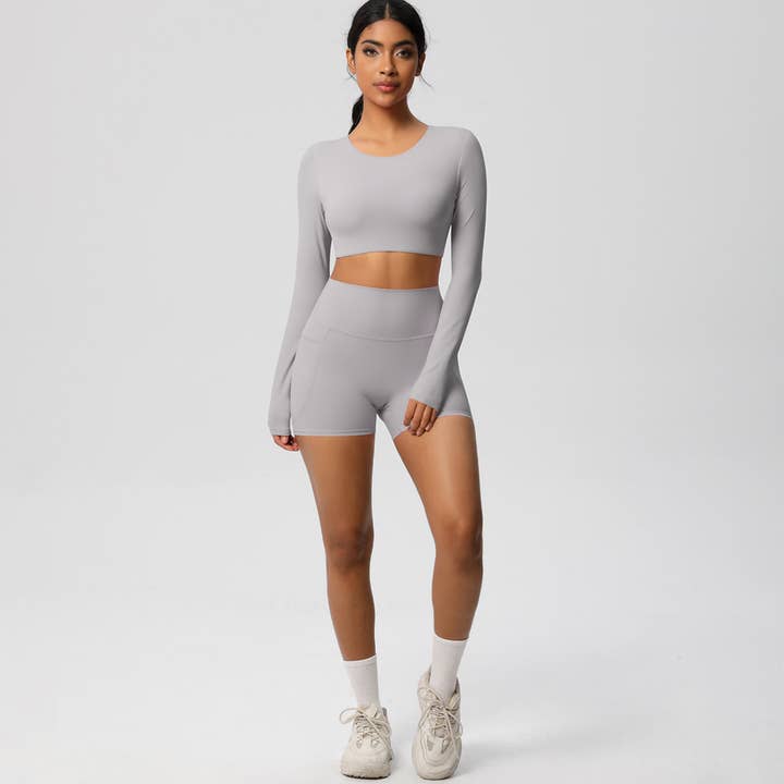 Sodalemon – Engroshandel Activewear-sæt – til kvinder – Kvinder Højtaljet Yogasæt: Langærmet Top + Shorts med Lommer14