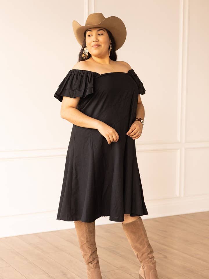 The Stella Black Linen Versi Dress for wholesale on Faire