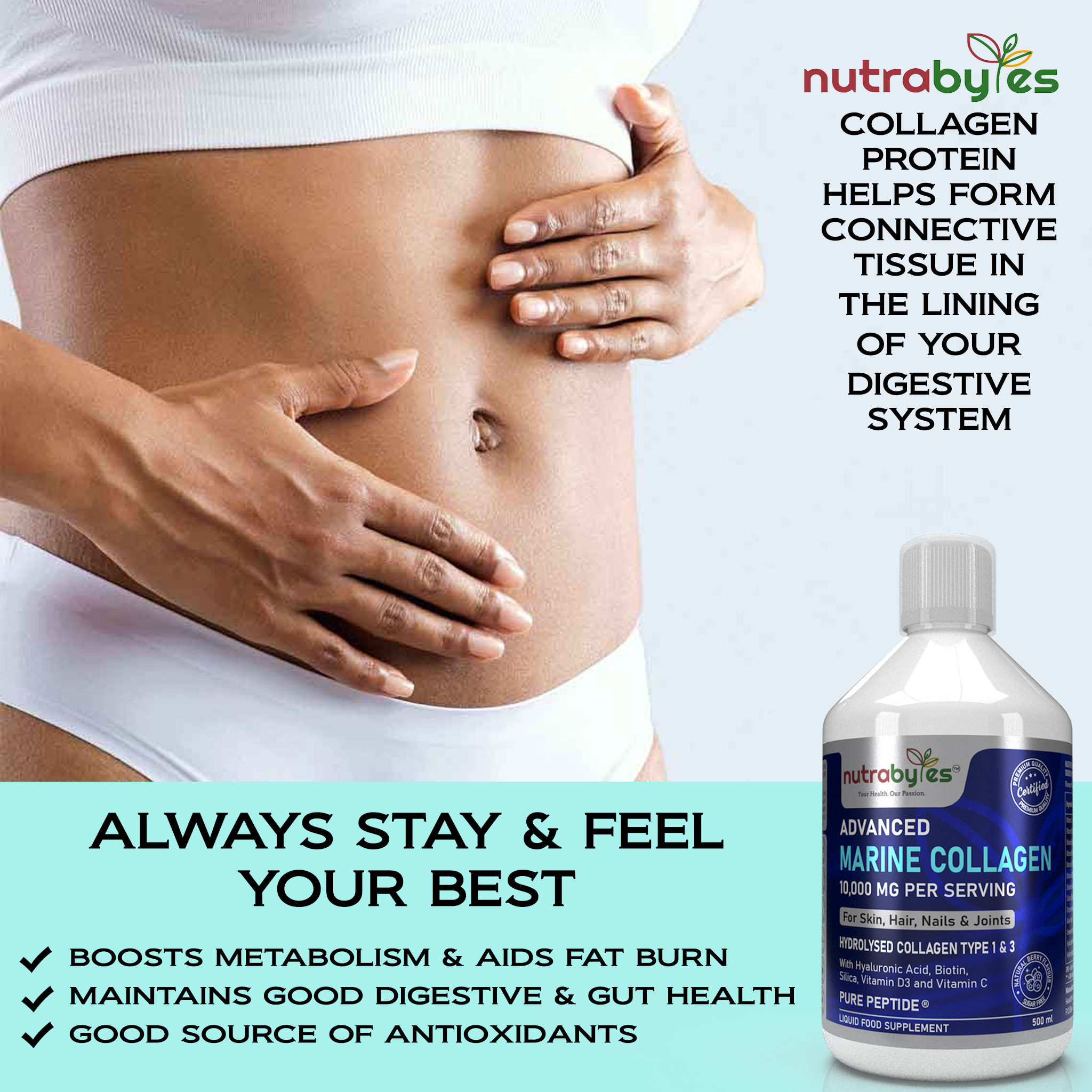 NUTRABYTES - Wholesale Oral Supplement/Vitamin - Marine Collagen Liquid with Hyaluronic Acid, Biotin & Vit C6