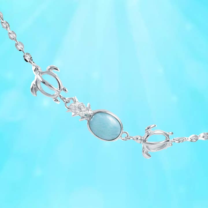 Adjustable Hawaiian Genuine Larimar Pineapple Turtle Anklet, Sterling Silver Pineapple Larimar Turtle Ankle Bracelet, Mother Birthday Gift for wholesale by Paradise Treasures Jewelry