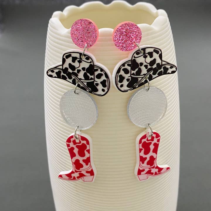 Western Cowgirl Acrylic Hat & Boots Danfgle Earrings - WJ for wholesale by Mio Queena